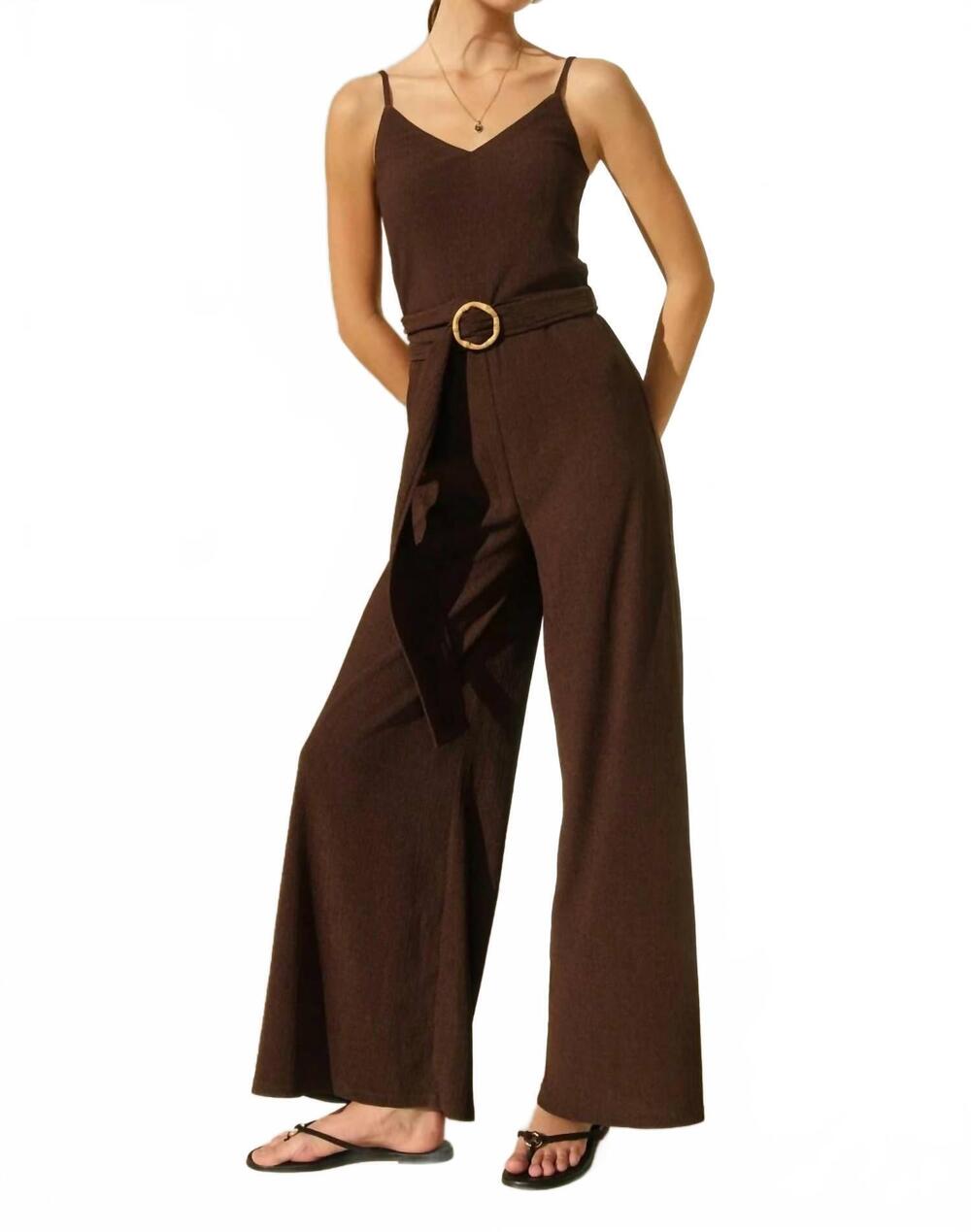 NEW DRESS FORUM belted v-neck jumpsuit in brown